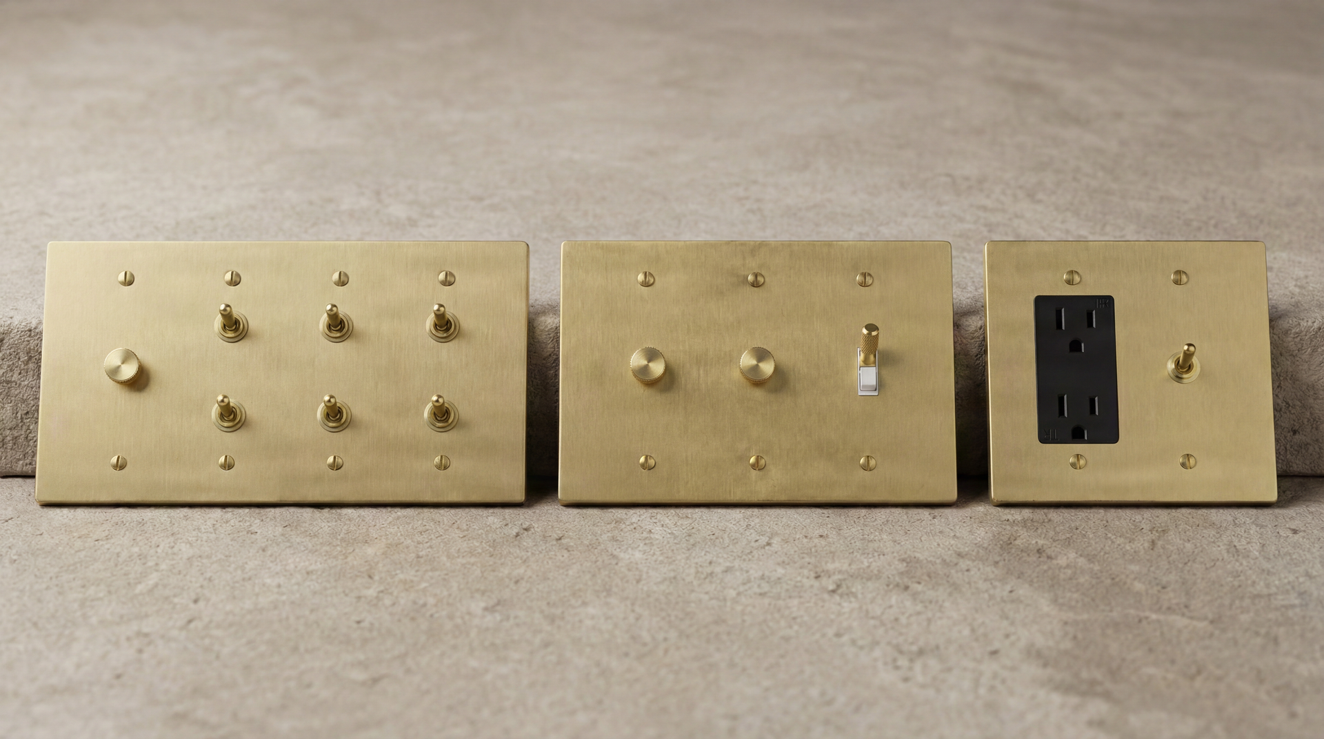 Elegant Satin Brass Light Switches: Timeless toggle and dimmer designs, meticulously crafted with subtle knurled textures.
