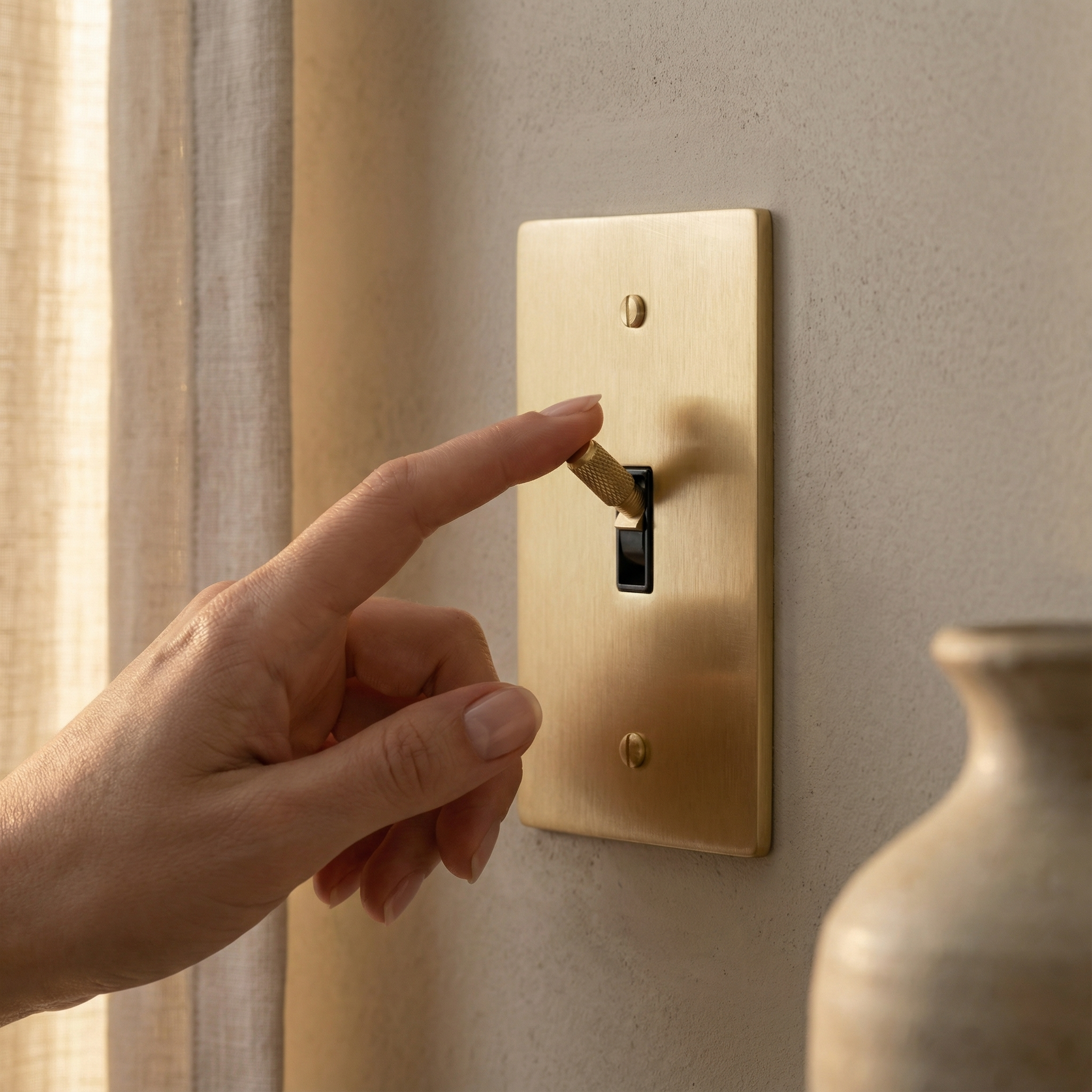 Hand switches elegant satin brass 1 gang toggle switch plate, a timeless detail in a quiet luxury interior.
