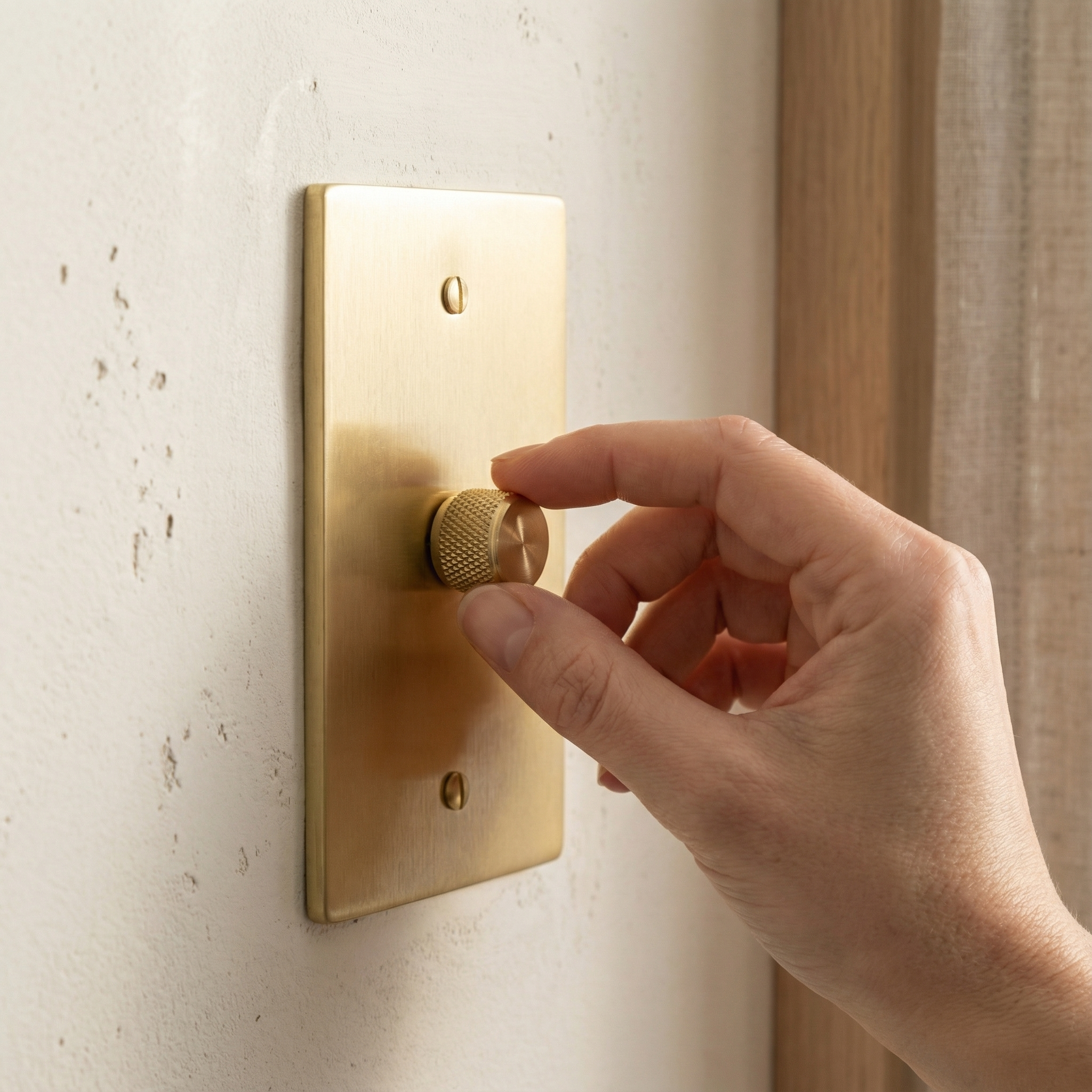 An elegant hand adjusts a satin brass 1 gang dimmer switch plate on a textured wall, evoking timeless luxury.