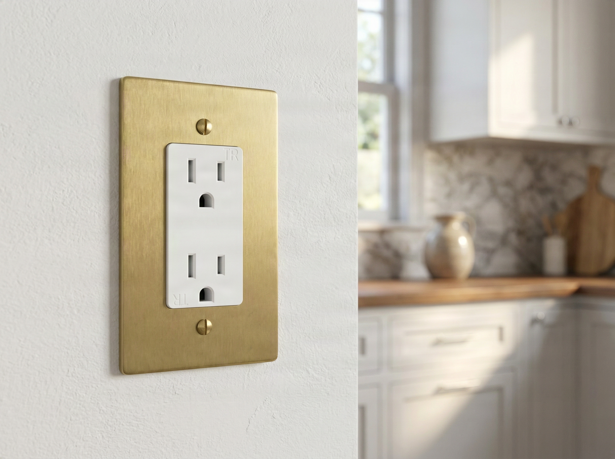 Satin brass 1 gang decora switch plate in a timeless kitchen exudes quiet luxury and craftsmanship.