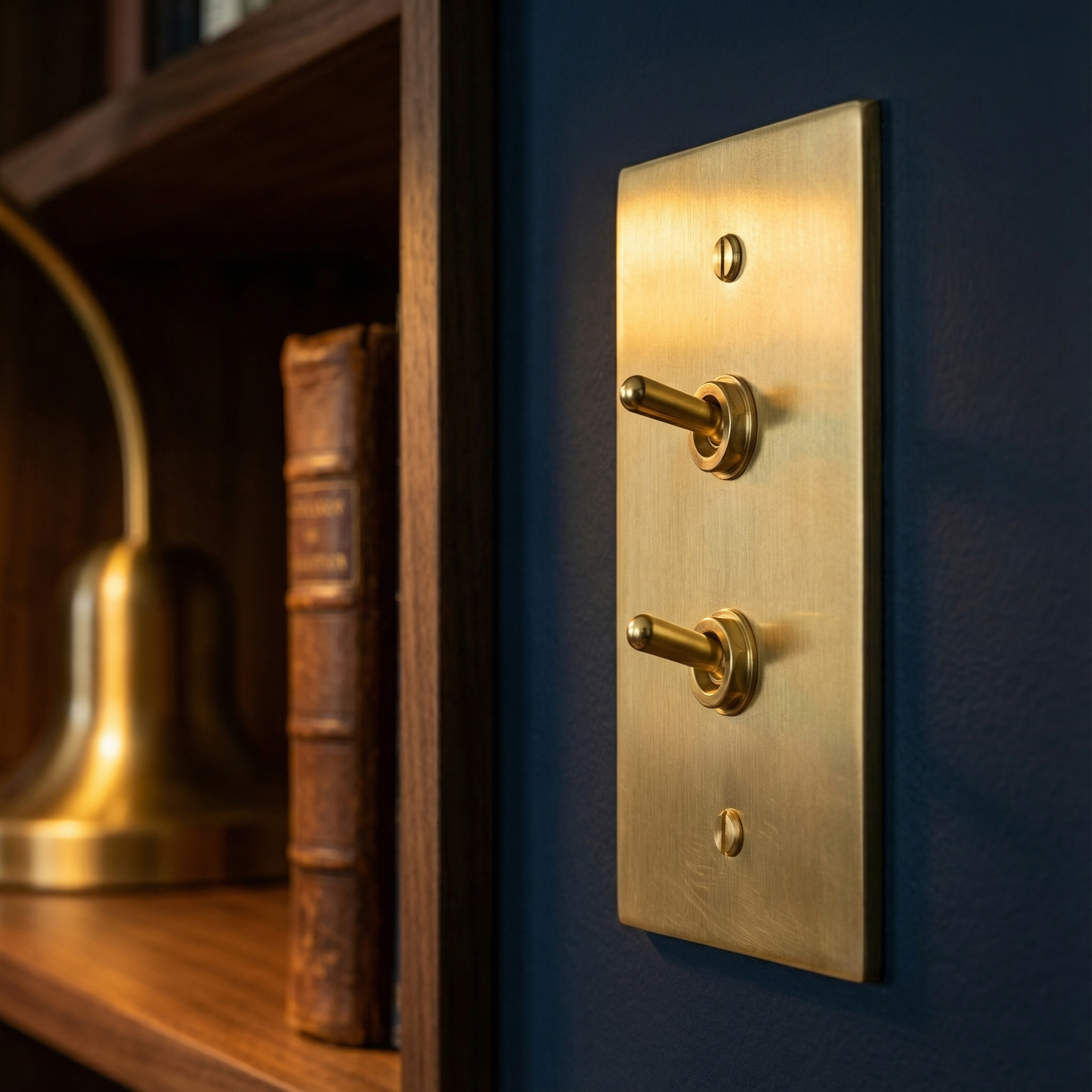 Elegant satin brass 1 gang vintage toggle switch plate on a navy wall, beside a rich wood bookshelf.