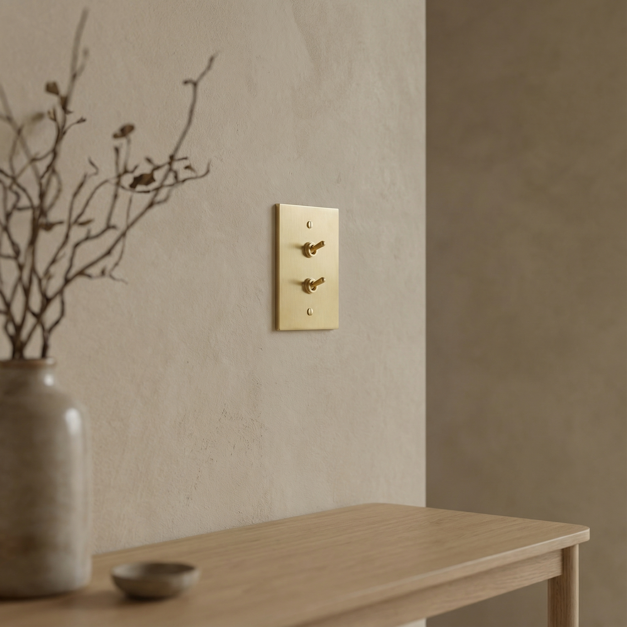 Crafted satin brass 1 gang vintage toggle switch plate adorns a textured wall, embodying timeless elegance.