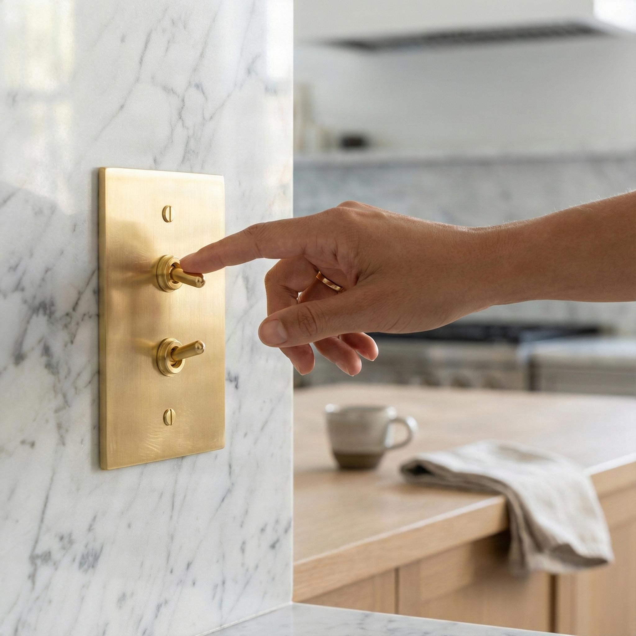 A hand engages a satin brass 1 gang stacked vintage toggle switch plate on white marble in an elegant kitchen.