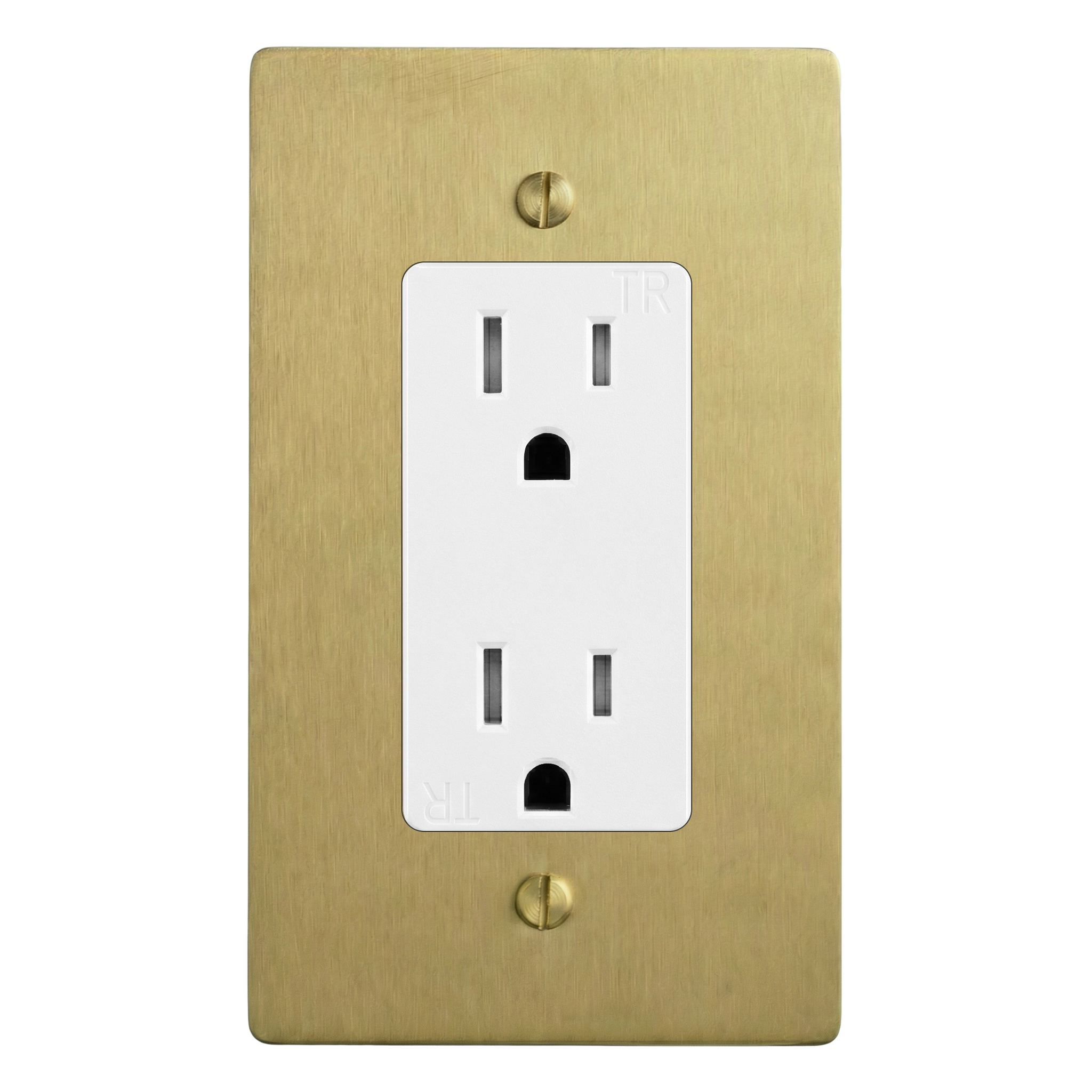 Satin Brass 1-Gang Duplex Outlet Switch Plate in White