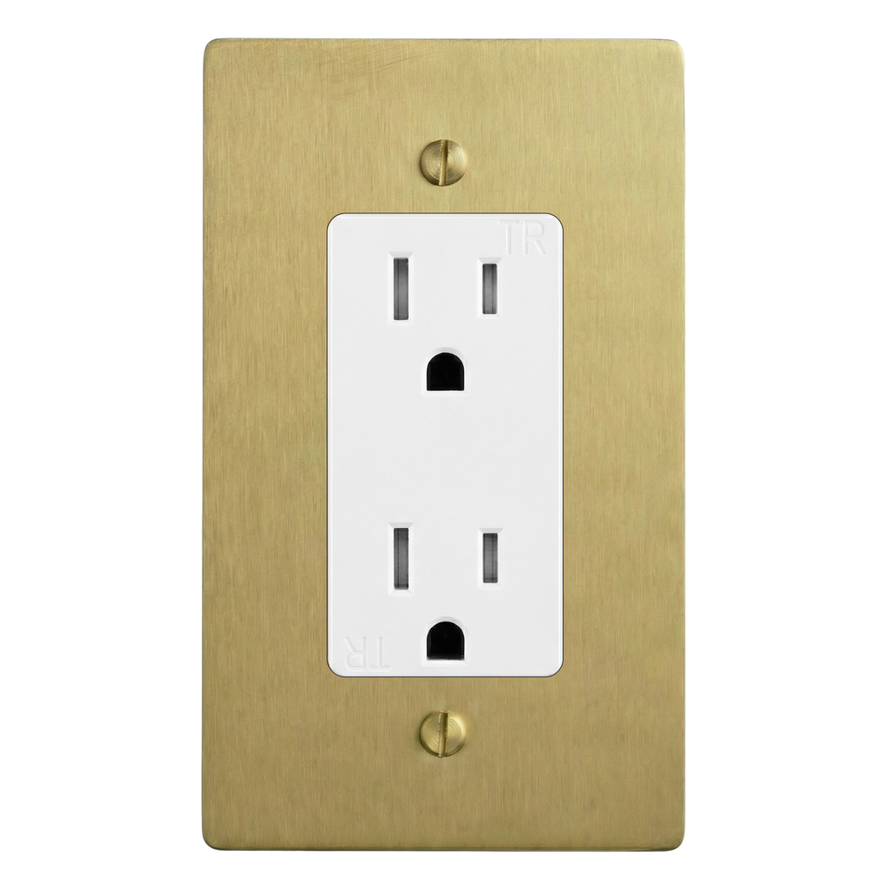 Satin Brass 1-Gang Duplex Outlet Switch Plate in White