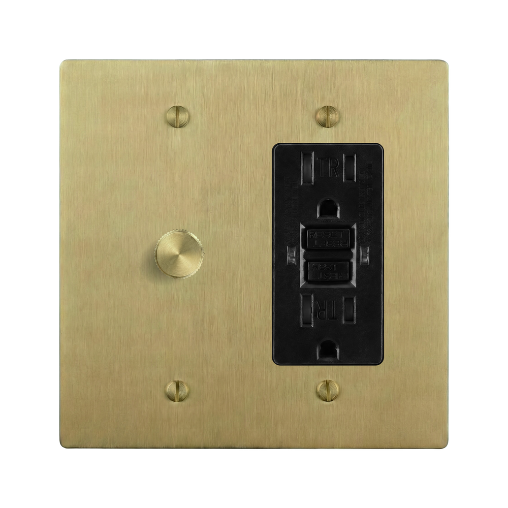 Satin Brass 2-Gang Dimmer & GFCI Outlet Switch Plate in Black