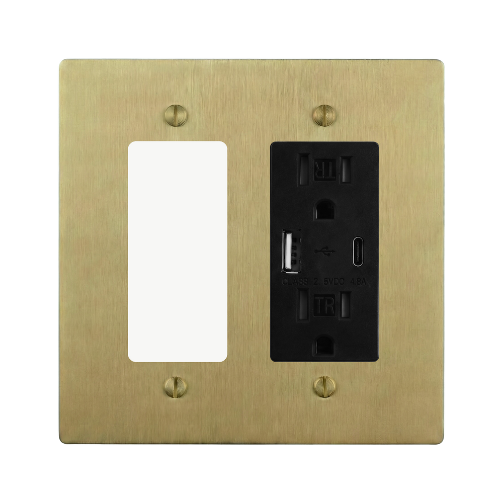 Satin Brass 2-Gang Decora & USB Outlet Switch Plate in Black