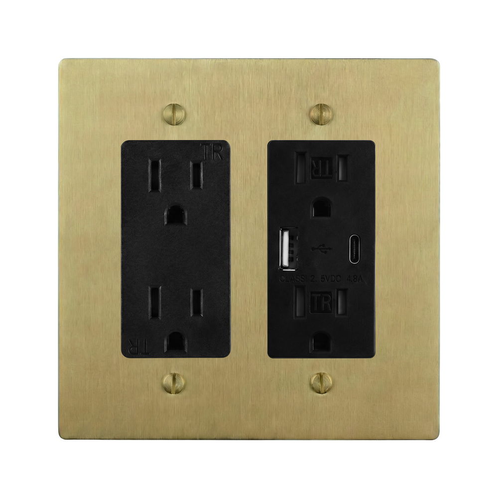 Satin Brass 2-Gang Duplex Outlet & USB Outlet Switch Plate in Black