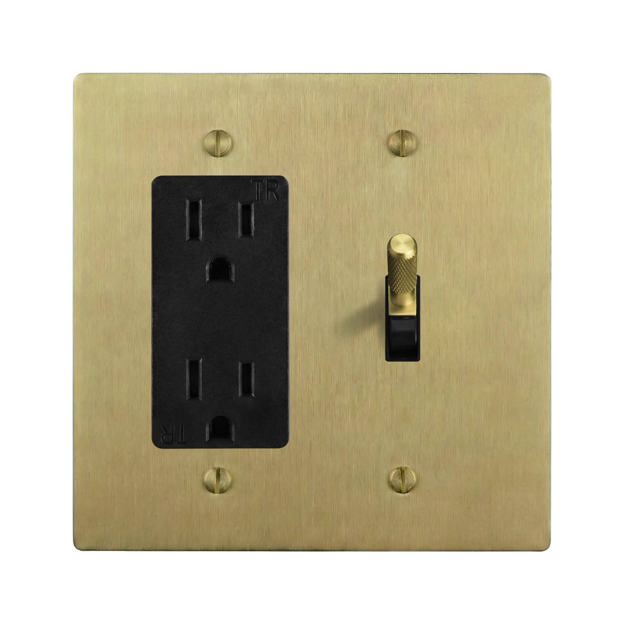 Satin Brass 2-Gang Duplex Outlet & Toggle Switch Plate in Black