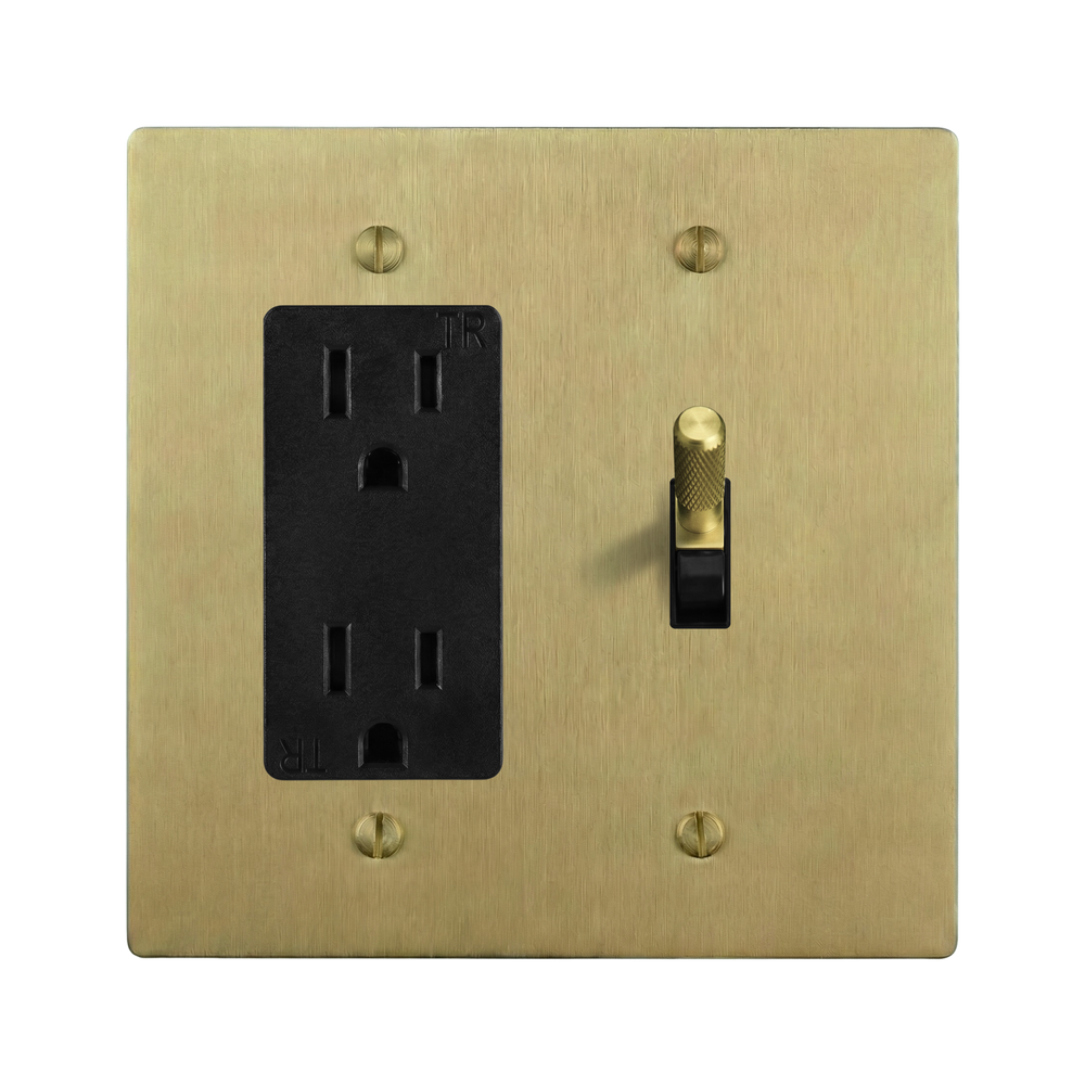 Satin Brass 2-Gang Duplex Outlet & Toggle Switch Plate in Black