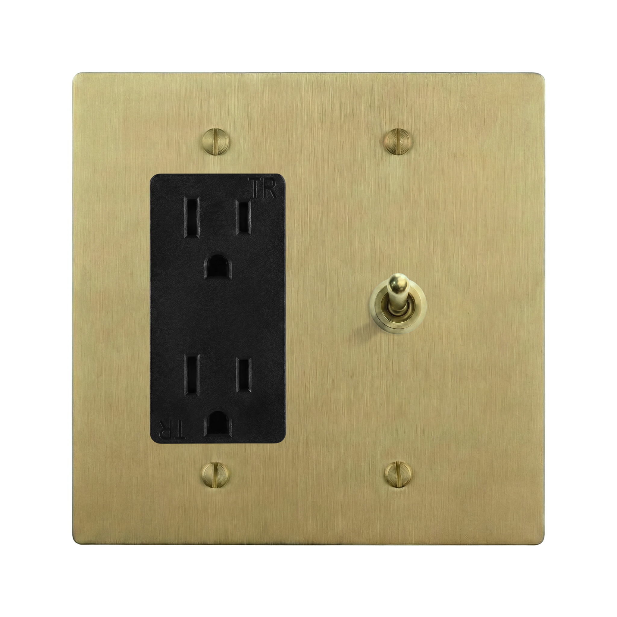 Satin Brass 2-Gang Duplex Outlet & Vintage Toggle Switch Plate in Black