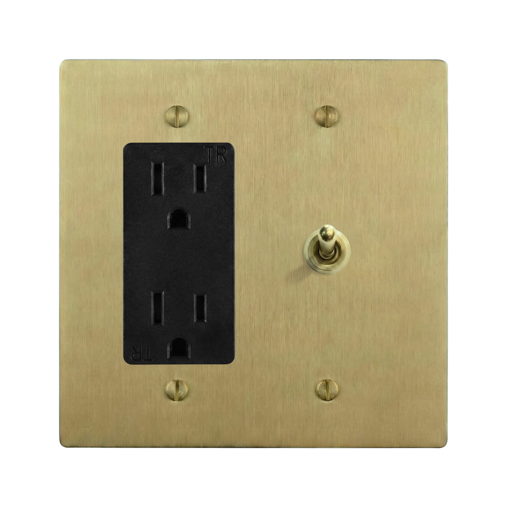 Satin Brass 2-Gang Duplex Outlet & Vintage Toggle Switch Plate in Black