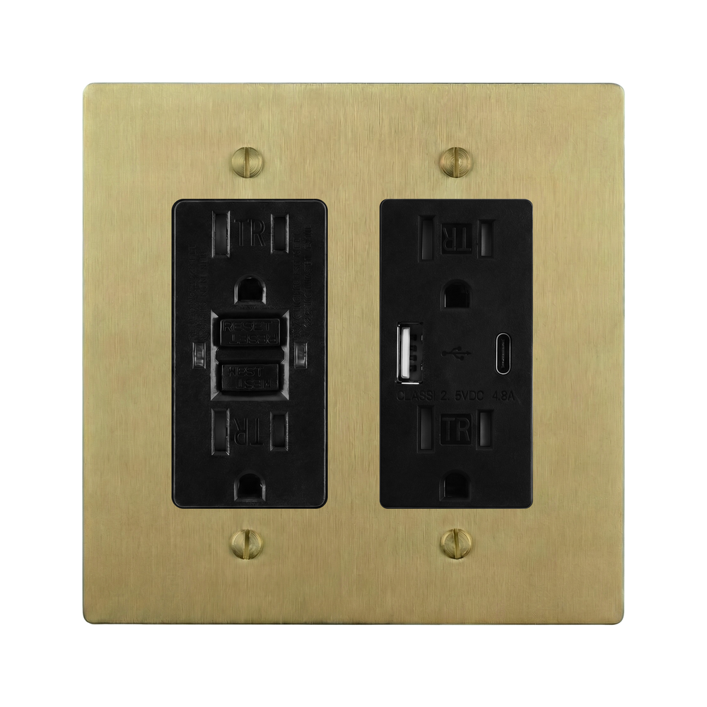 Satin Brass 2-Gang GFCI Outlet & USB Outlet Switch Plate in Black