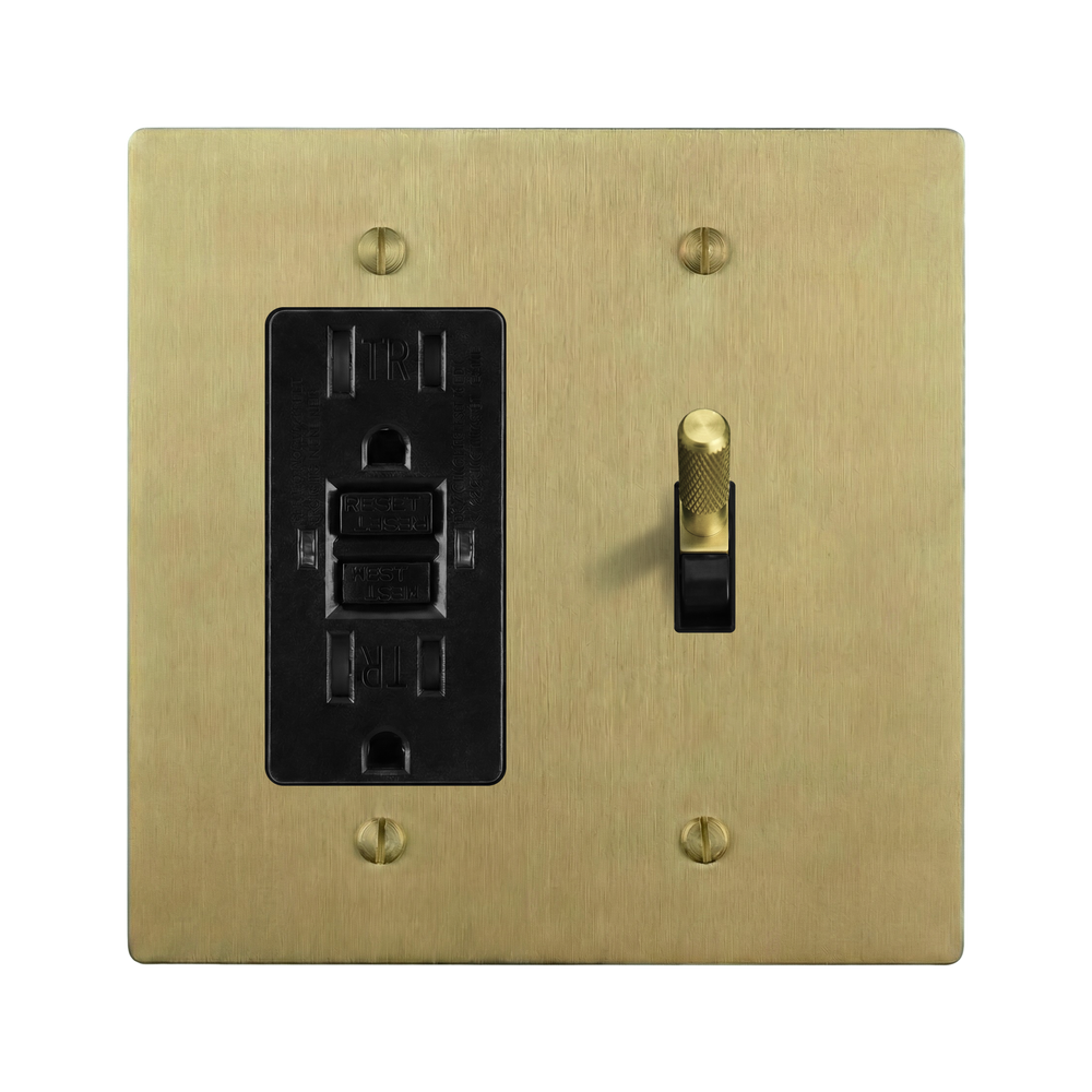 Satin Brass 2-Gang GFCI Outlet & Toggle Switch Plate in Black