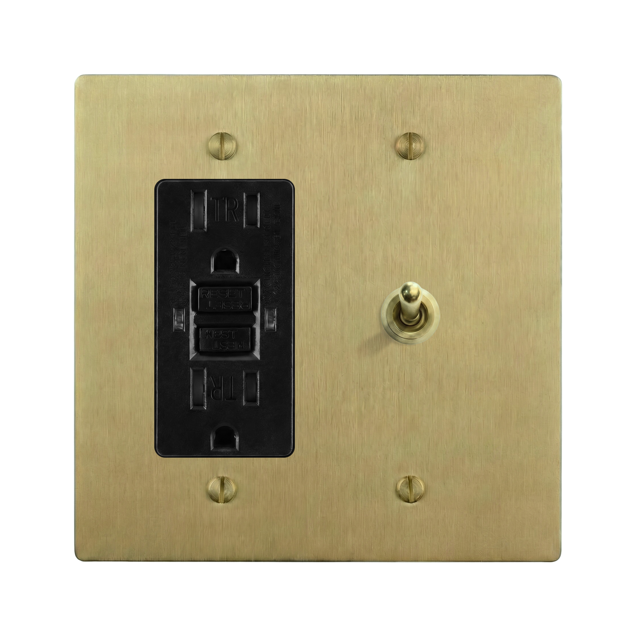 Satin Brass 2-Gang GFCI Outlet & Vintage Toggle Switch Plate in Black