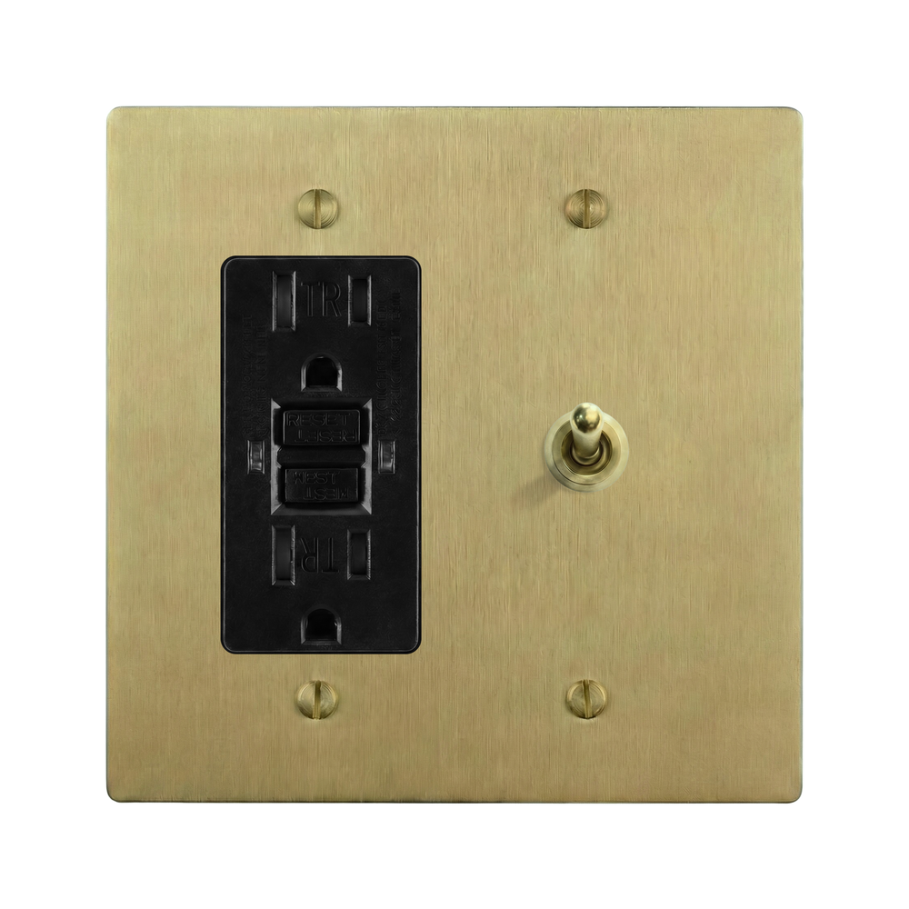Satin Brass 2-Gang GFCI Outlet & Vintage Toggle Switch Plate in Black