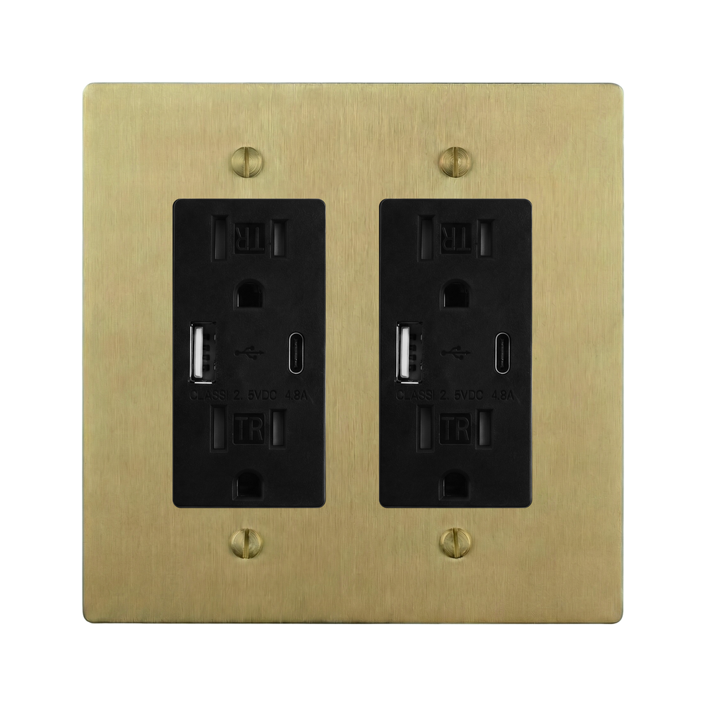 Satin Brass 2-Gang USB Outlet & USB Outlet Switch Plate in Black