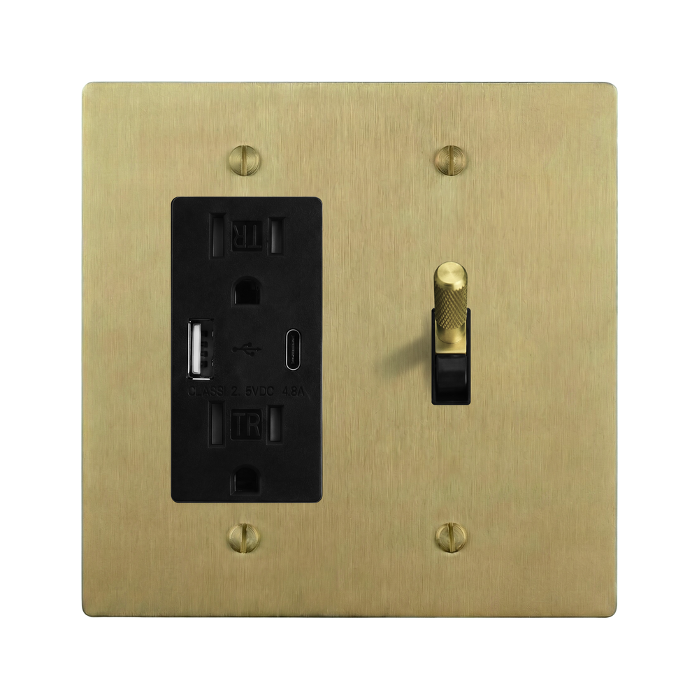 Satin Brass 2-Gang USB Outlet & Toggle Switch Plate in Black