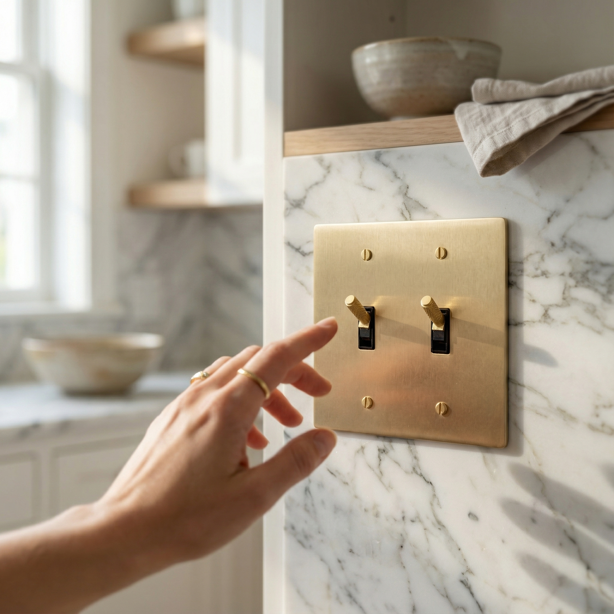 Elegant hand about to flick a satin brass 2 gang toggle switch plate on a pristine marble kitchen wall.