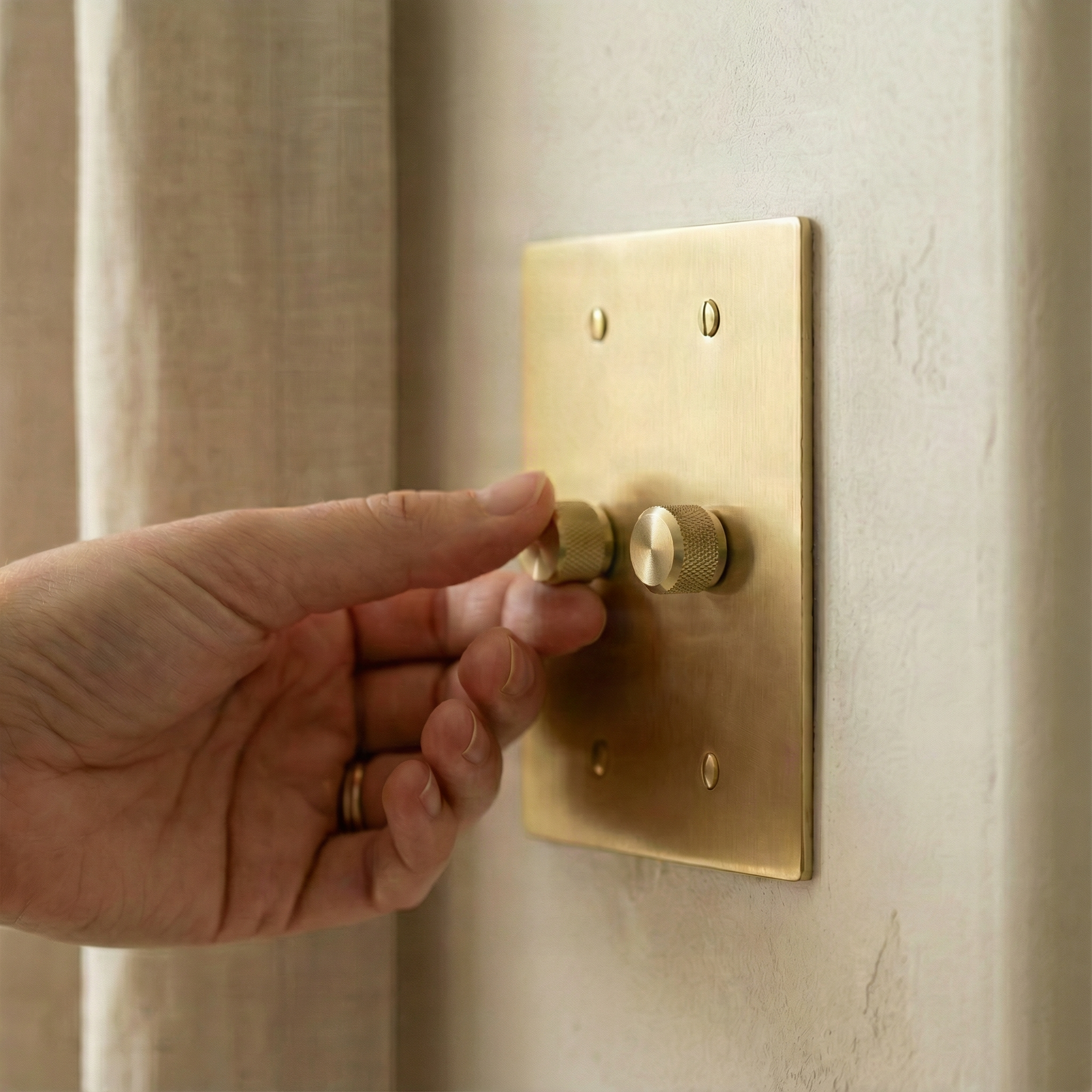Hand adjusts a satin brass 2 gang dimmer switch plate, blending into a subtly textured wall, embodying quiet luxury.