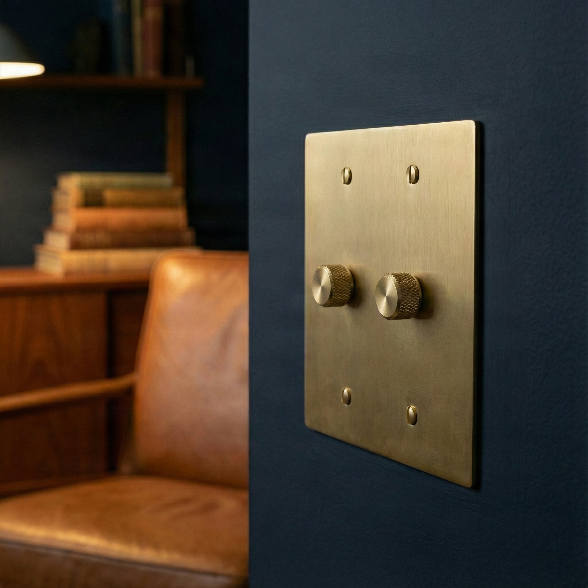Satin brass 2 gang dimmer switch plate on a dark wall, a detail of quiet luxury in a refined, book-filled study.