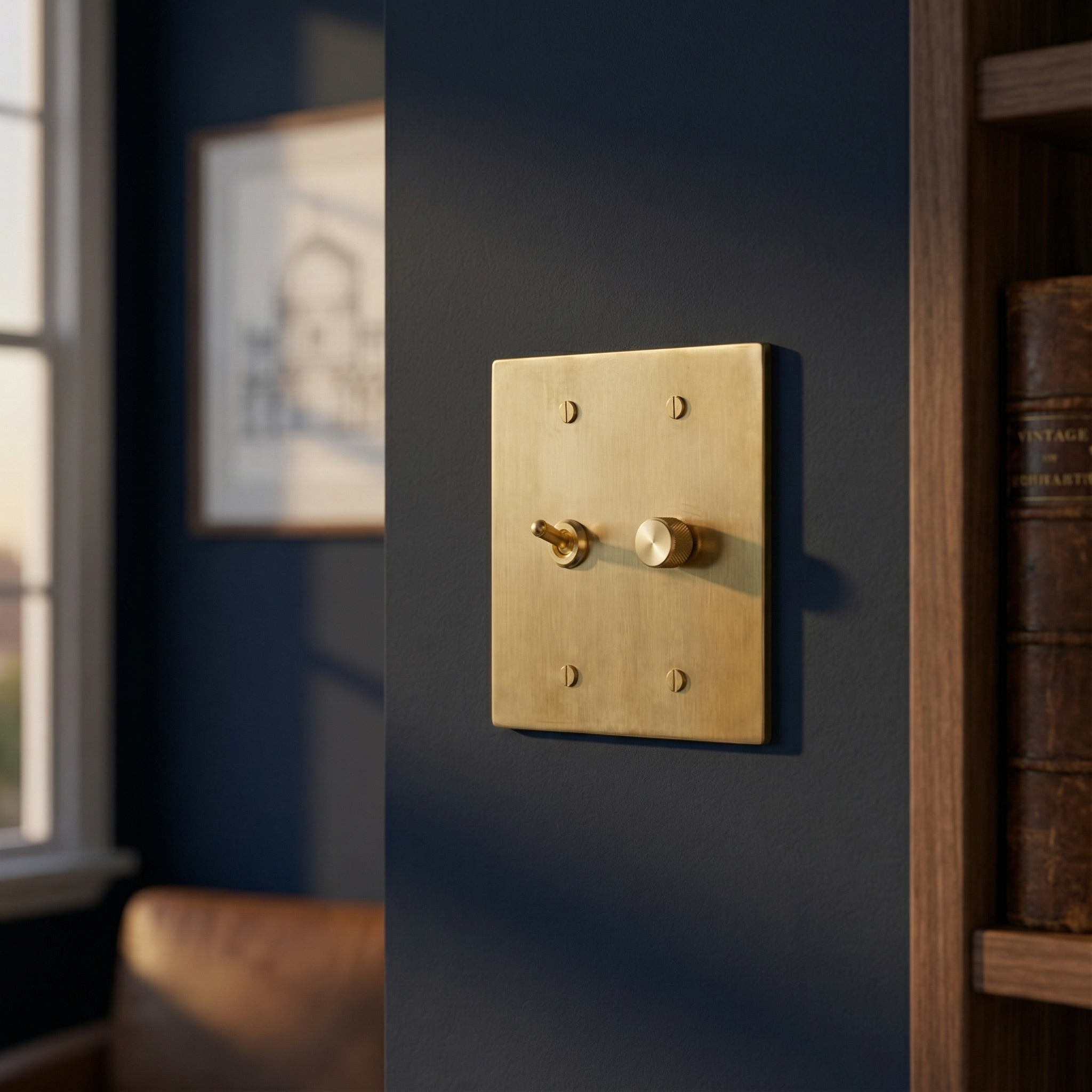 Satin brass 2 gang dimmer and vintage toggle switch plate on a deep blue wall, evoking timeless elegance in a sunlit room.