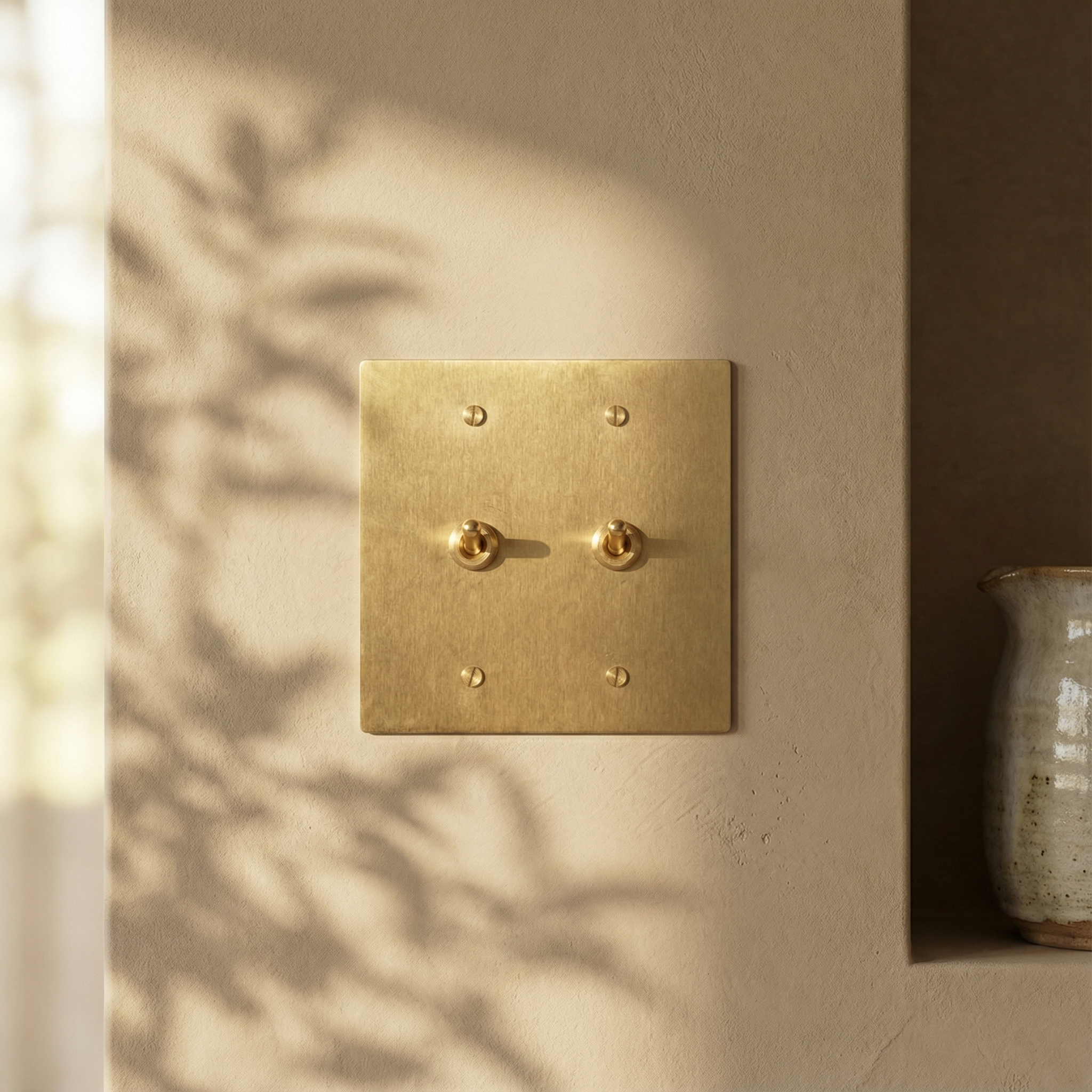 Artisanal satin brass 2 gang vintage toggle switch plate, a touch of quiet luxury in a sun-dappled, textured room.