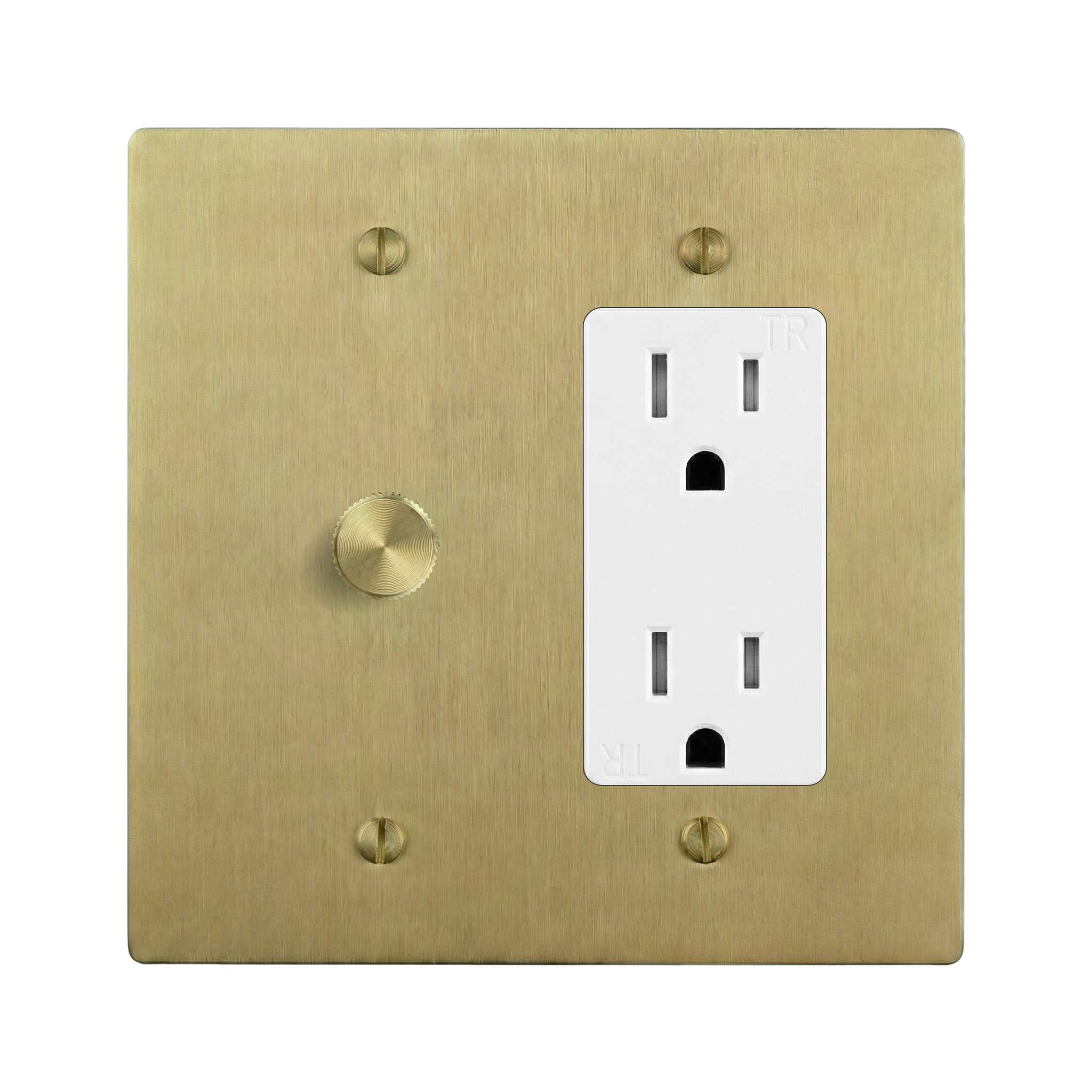 Satin Brass 2-Gang Dimmer & Duplex Outlet Switch Plate in White