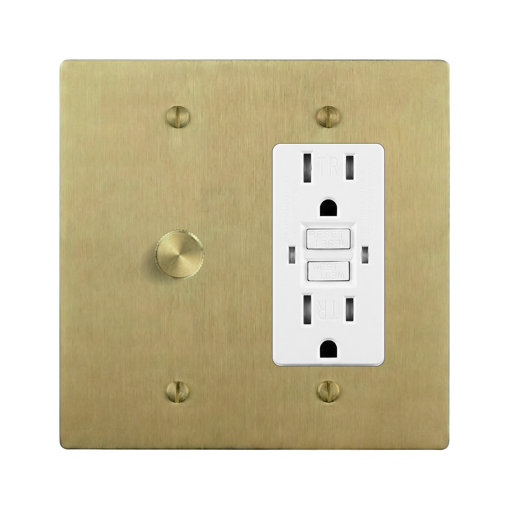 Satin Brass 2-Gang Dimmer & GFCI Outlet Switch Plate in White