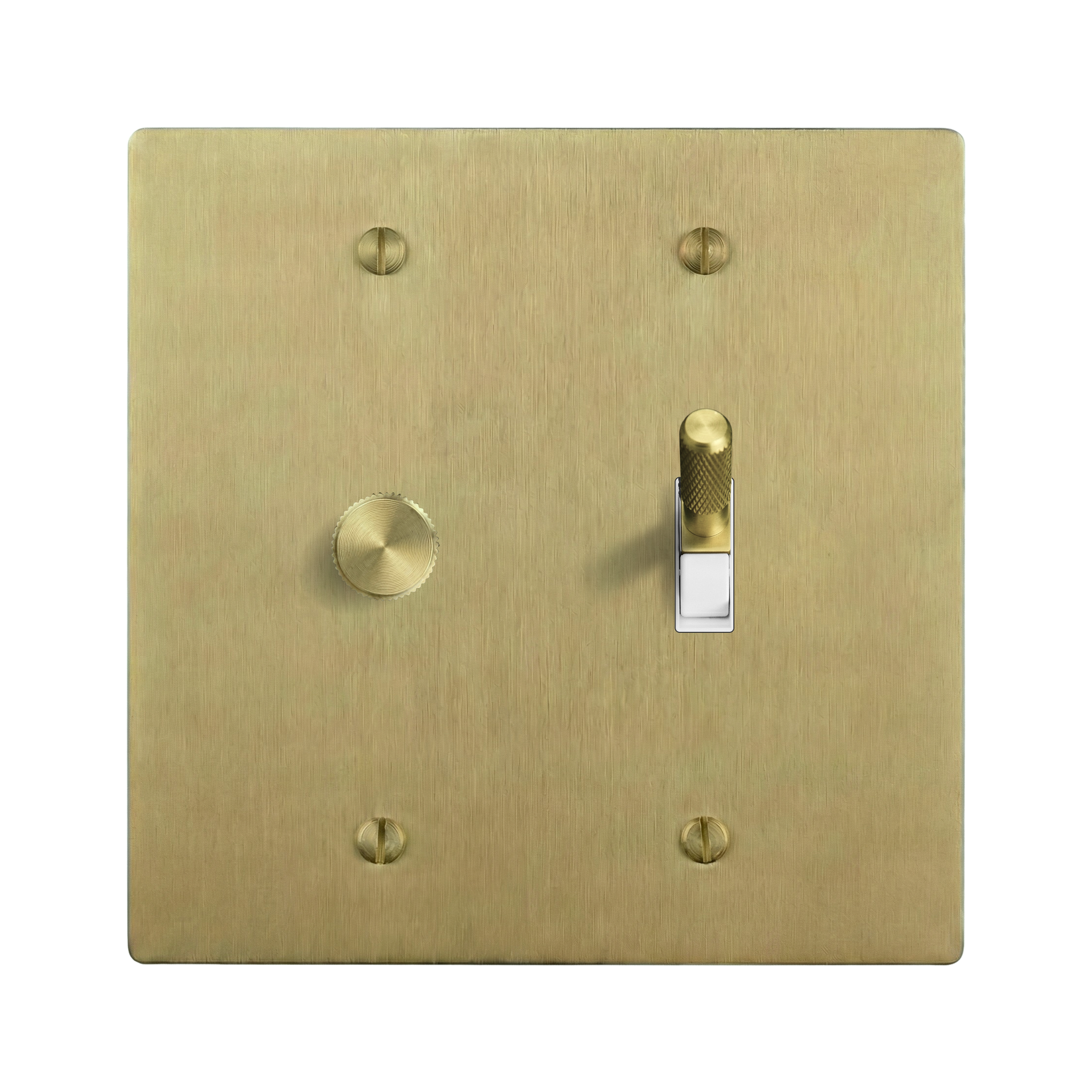 Satin Brass 2-Gang Dimmer & Toggle Switch Plate in White