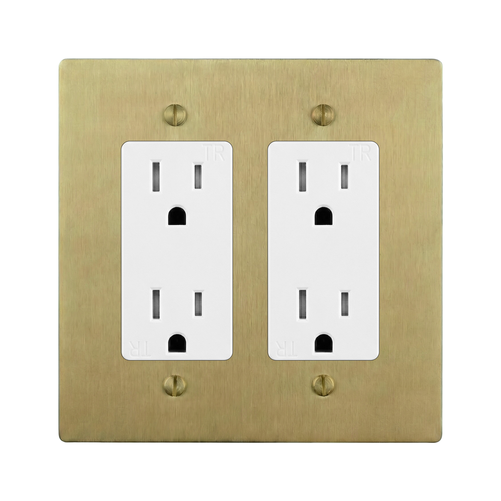 Satin Brass 2-Gang Duplex Outlet & Duplex Outlet Switch Plate in White