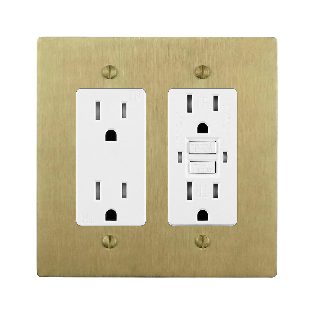 Satin Brass 2-Gang Duplex Outlet & GFCI Outlet Switch Plate in White