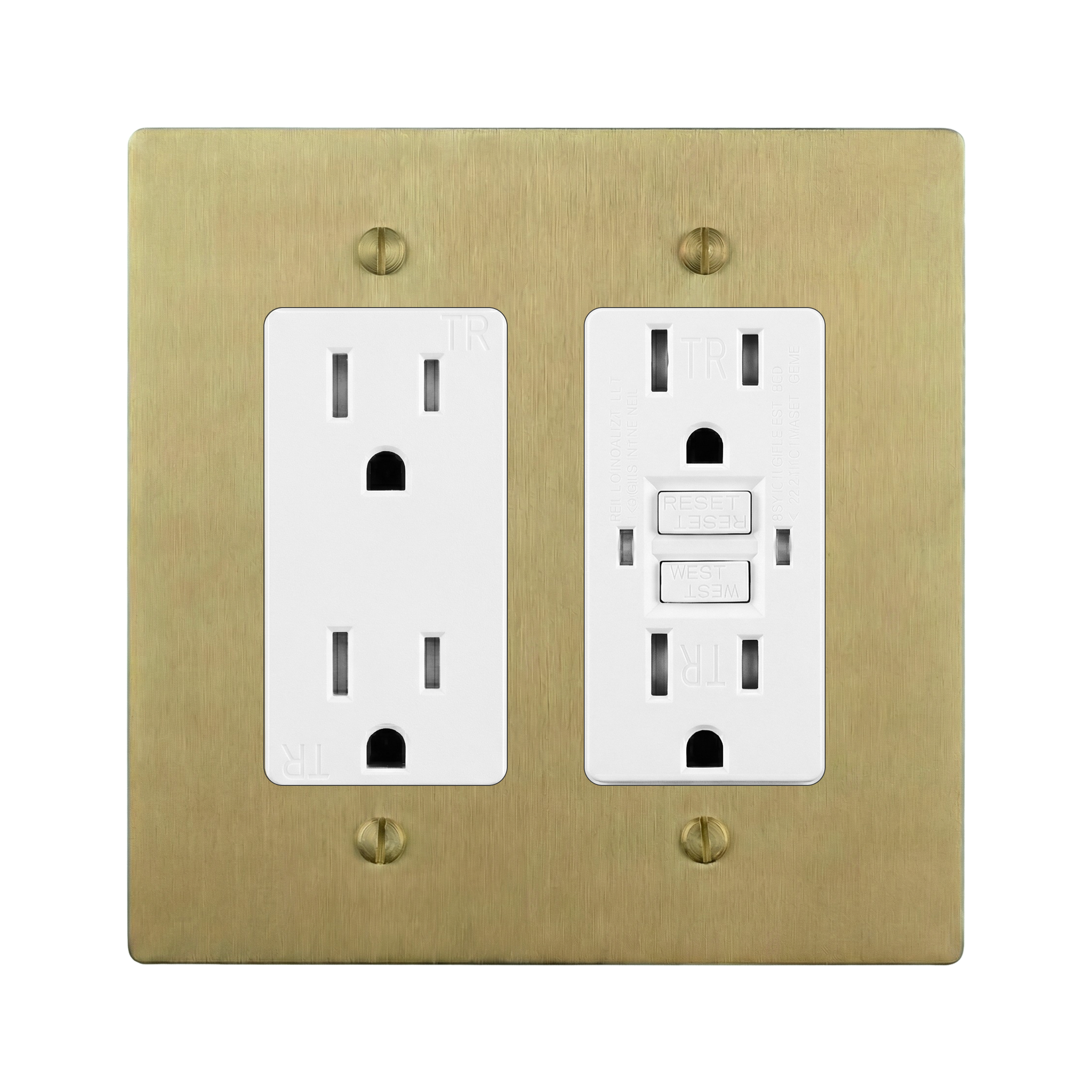 Satin Brass 2-Gang Duplex Outlet & GFCI Outlet Switch Plate in White