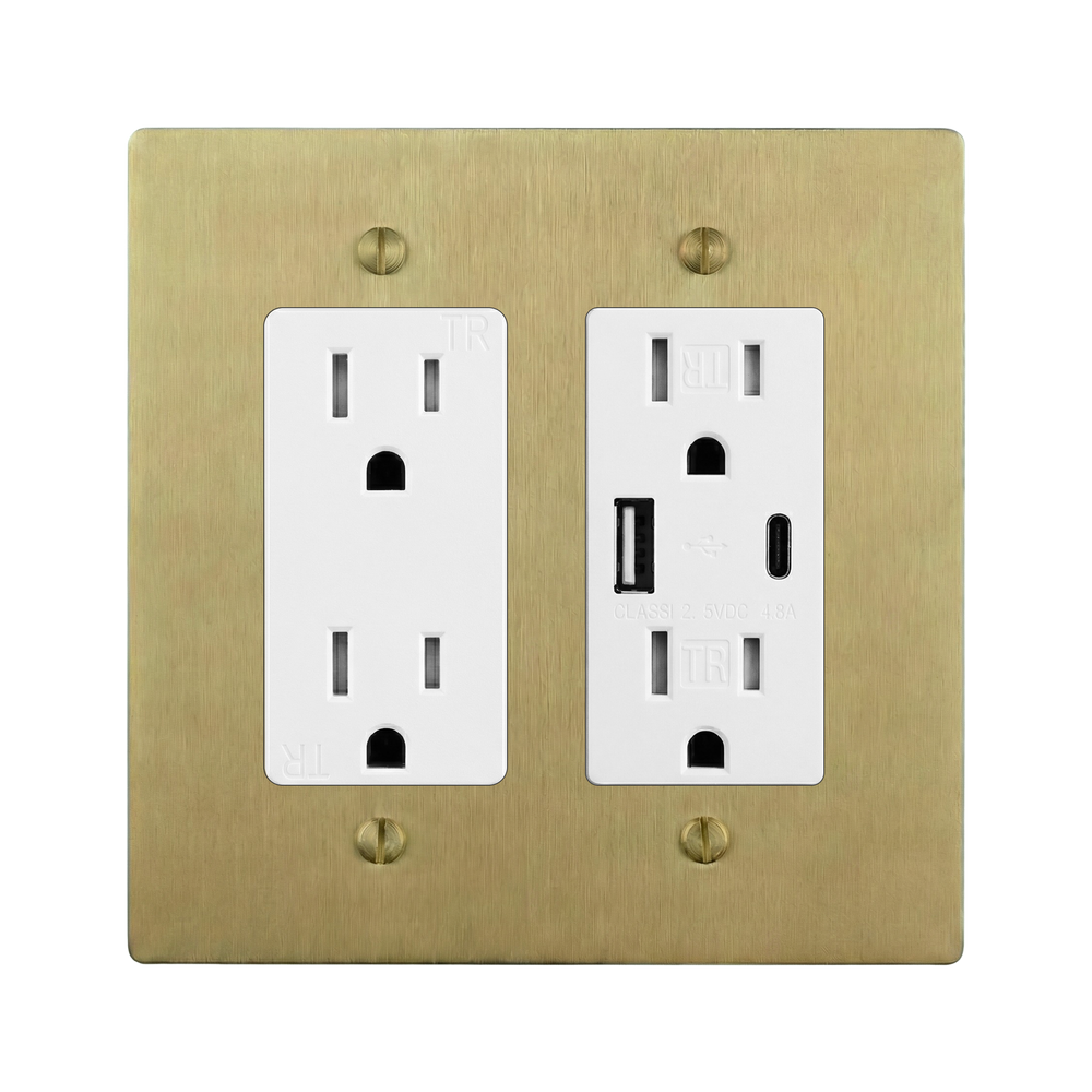 Satin Brass 2-Gang Duplex Outlet & USB Outlet Switch Plate in White