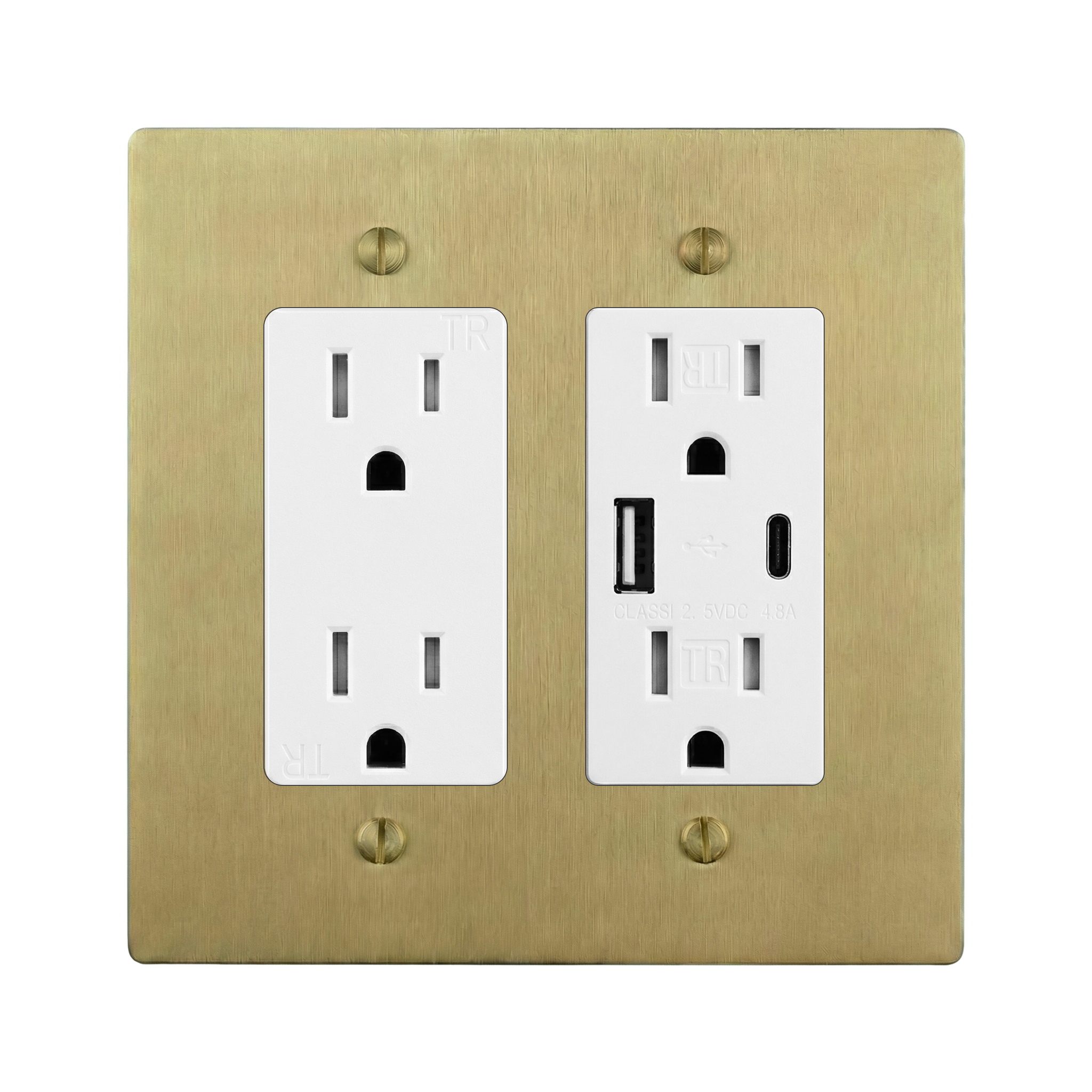 Satin Brass 2-Gang Duplex Outlet & USB Outlet Switch Plate in White