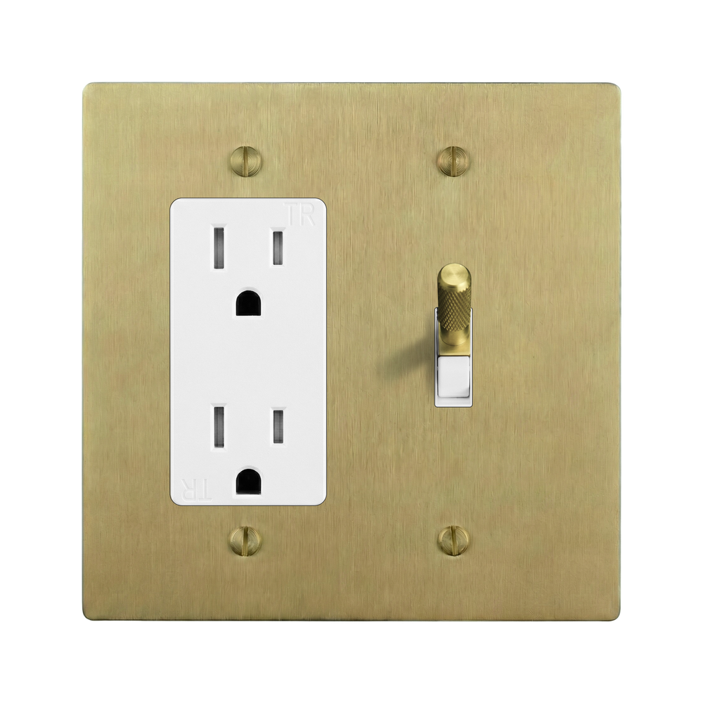 Satin Brass 2-Gang Duplex Outlet & Toggle Switch Plate in White
