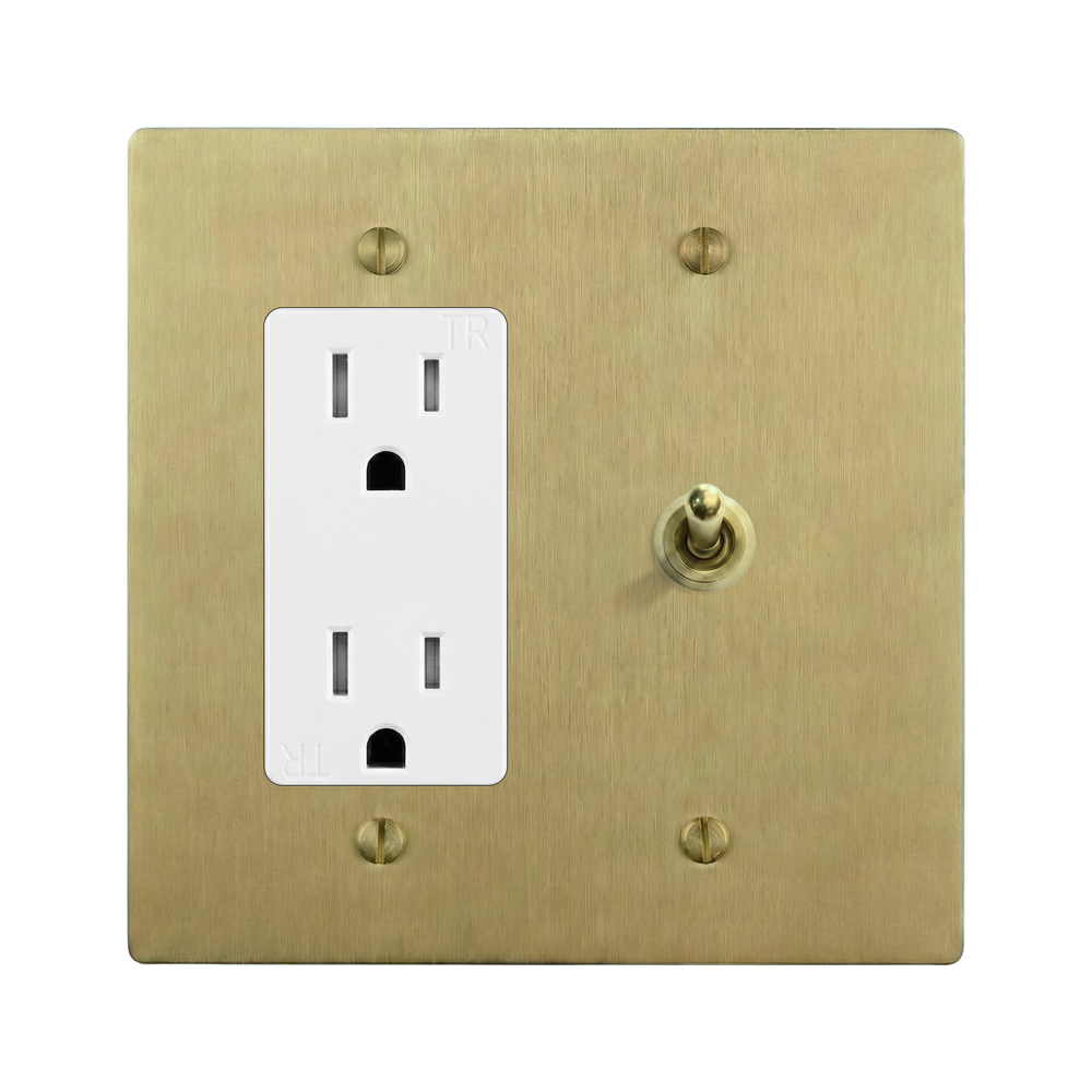 Satin Brass 2-Gang Duplex Outlet & Vintage Toggle Switch Plate in White