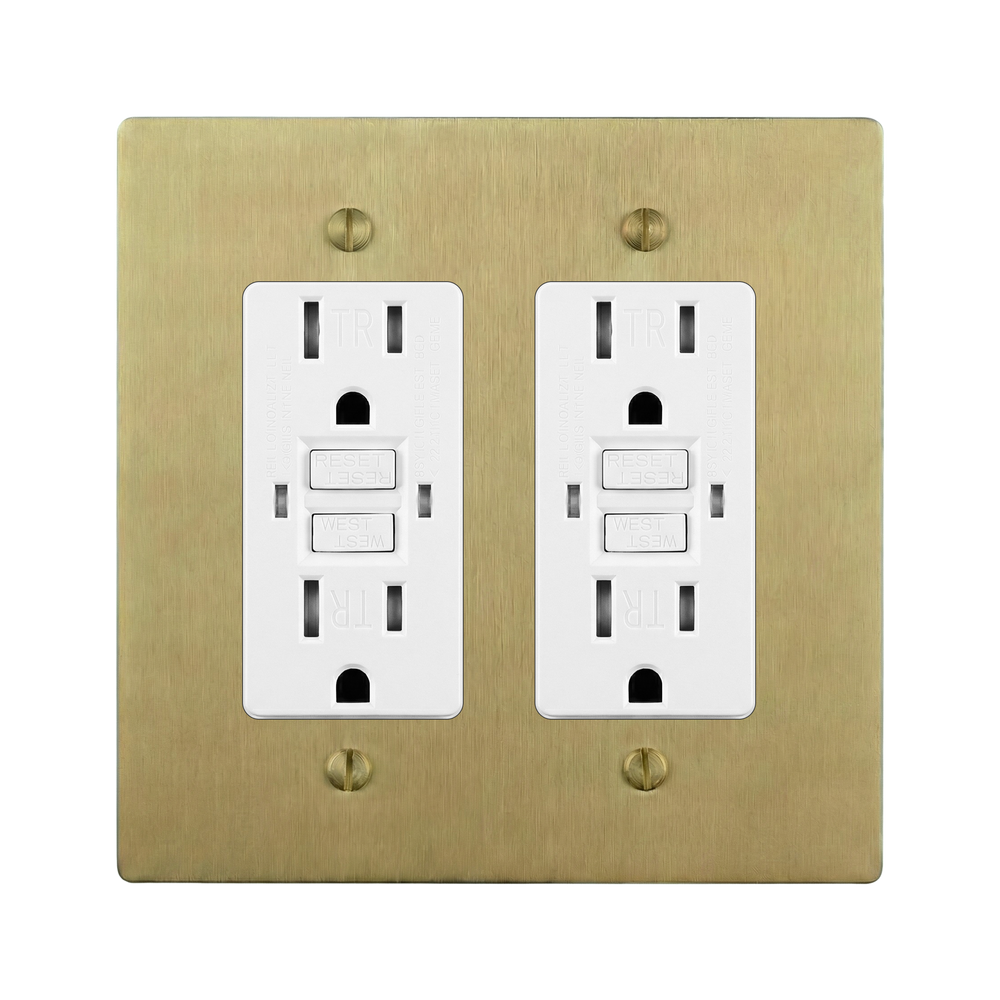 Satin Brass 2-Gang GFCI Outlet & GFCI Outlet Switch Plate in White