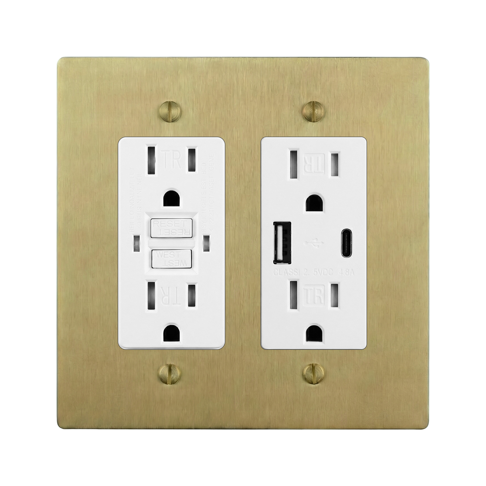 Satin Brass 2-Gang GFCI Outlet & USB Outlet Switch Plate in White