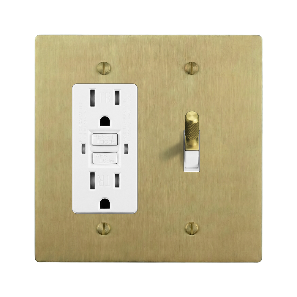 Satin Brass 2-Gang GFCI Outlet & Toggle Switch Plate in White