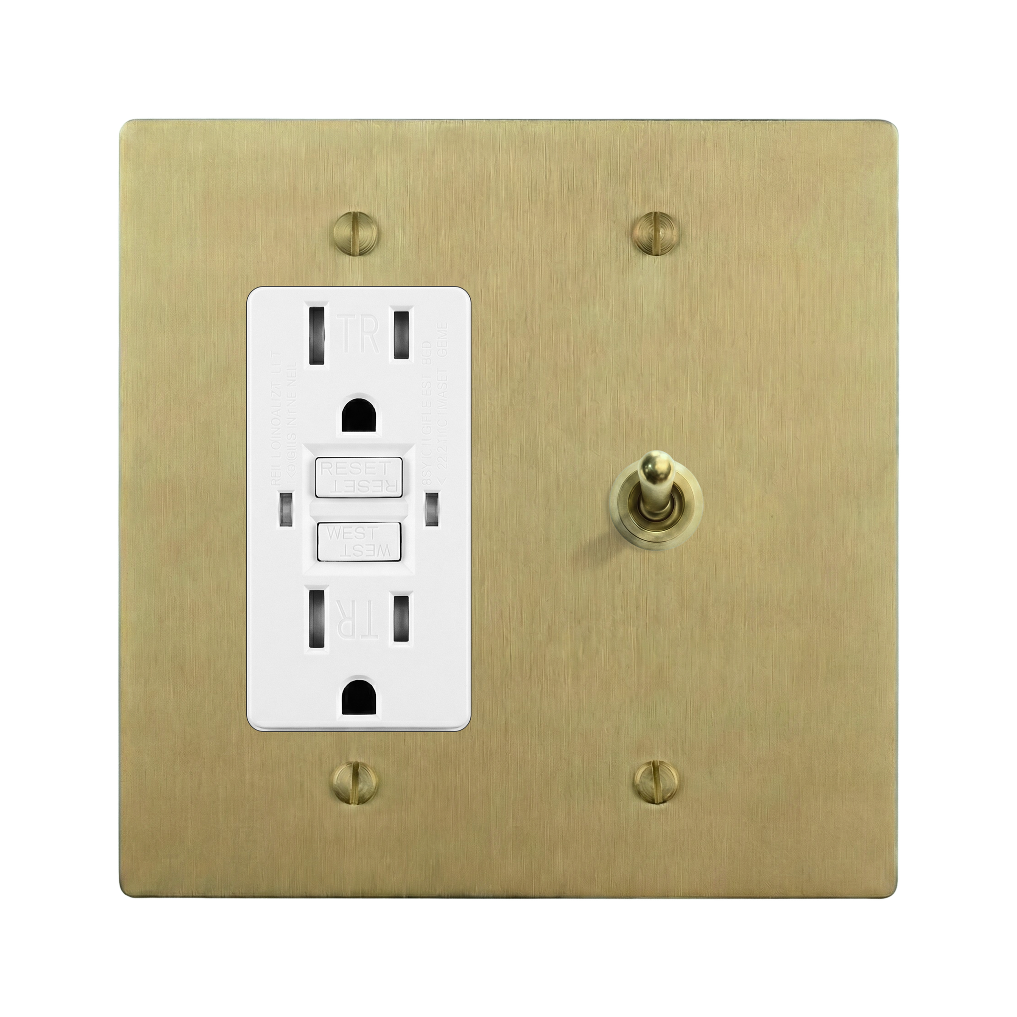 Satin Brass 2-Gang GFCI Outlet & Vintage Toggle Switch Plate in White
