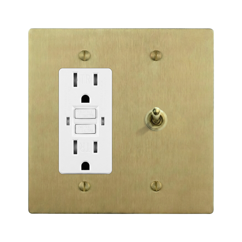 Satin Brass 2-Gang GFCI Outlet & Vintage Toggle Switch Plate in White