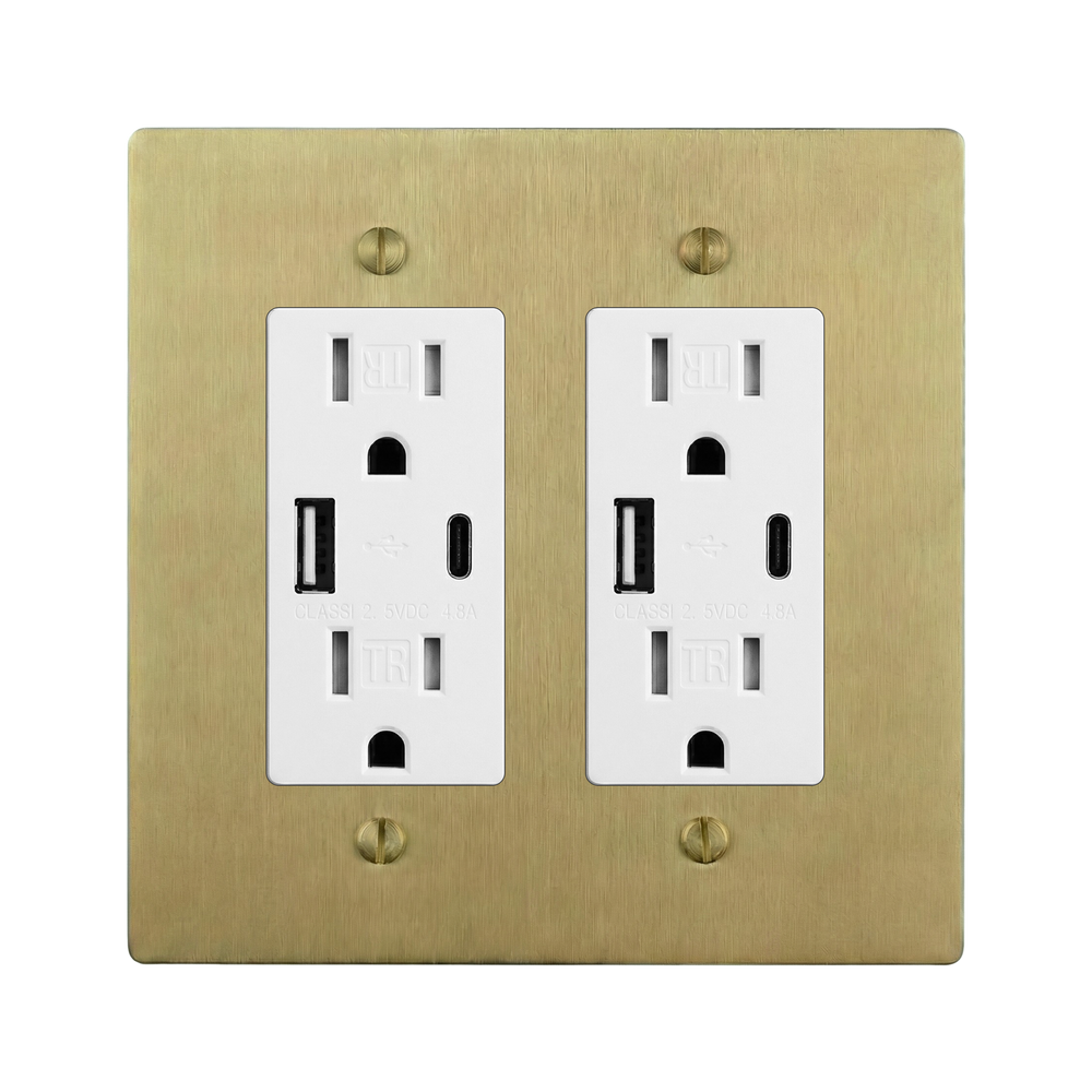 Satin Brass 2-Gang USB Outlet & USB Outlet Switch Plate in White