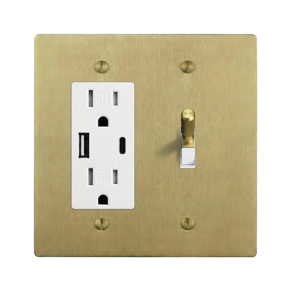 Satin Brass 2-Gang USB Outlet & Toggle Switch Plate in White