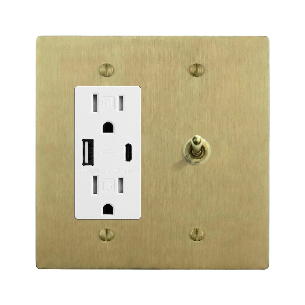 Satin Brass 2-Gang USB Outlet & Vintage Toggle Switch Plate in White