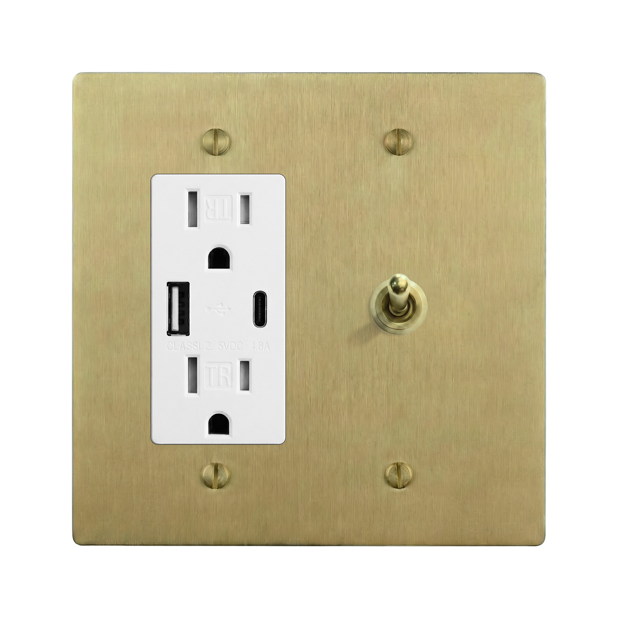 Satin Brass 2-Gang USB Outlet & Vintage Toggle Switch Plate in White