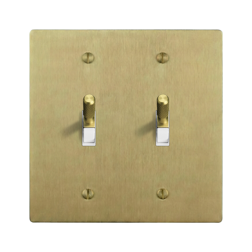 Satin Brass 2-Gang Toggle & Toggle Switch Plate in White