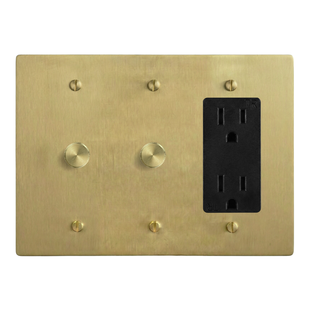 Satin Brass 3-Gang Dimmer, Dimmer & Duplex Outlet Switch Plate in Black