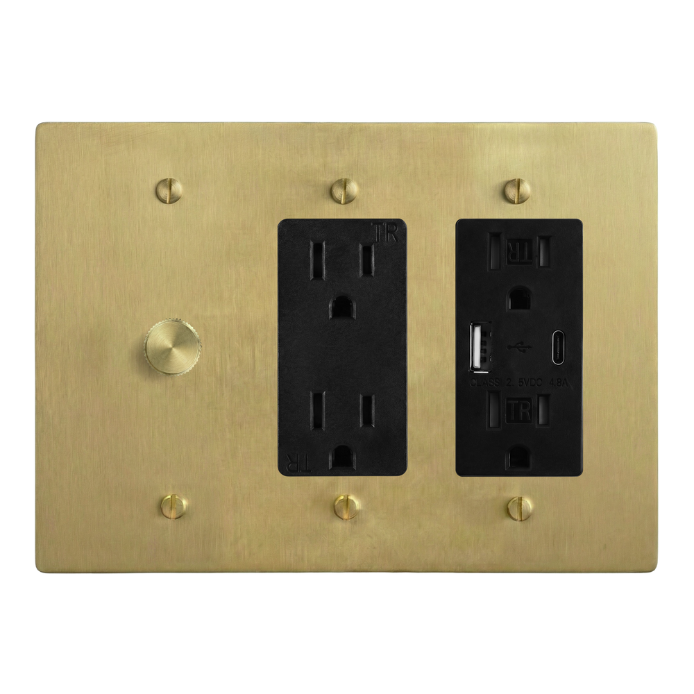 Satin Brass 3-Gang Dimmer, Duplex Outlet & USB Outlet Switch Plate in Black