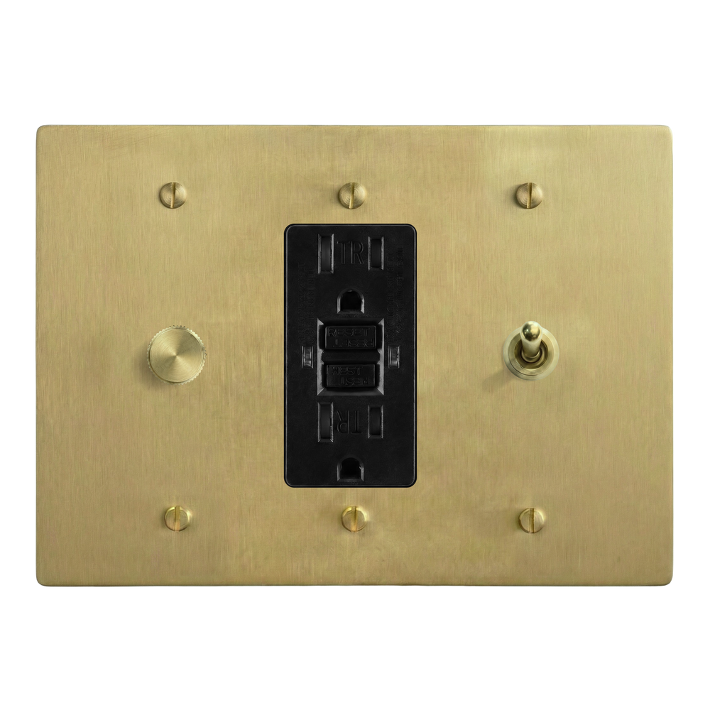 Satin Brass 3-Gang Dimmer, GFCI Outlet & Vintage Toggle Switch Plate in Black